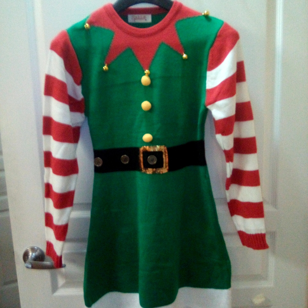 Festive Green and Red Striped Dress with Belt